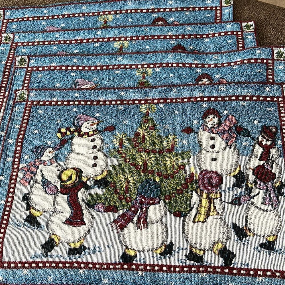 Set (4) Tapestry Design Rectangle Placemats Snowmen Dancing with Christmas Tree